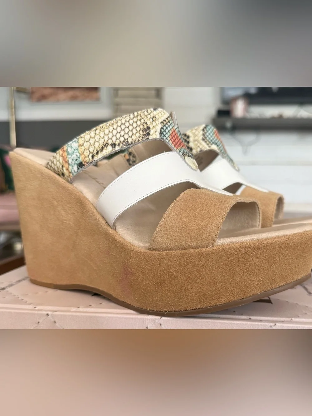 Women's Taupe Suede Wedge Sandals with White & Snake-Print Straps